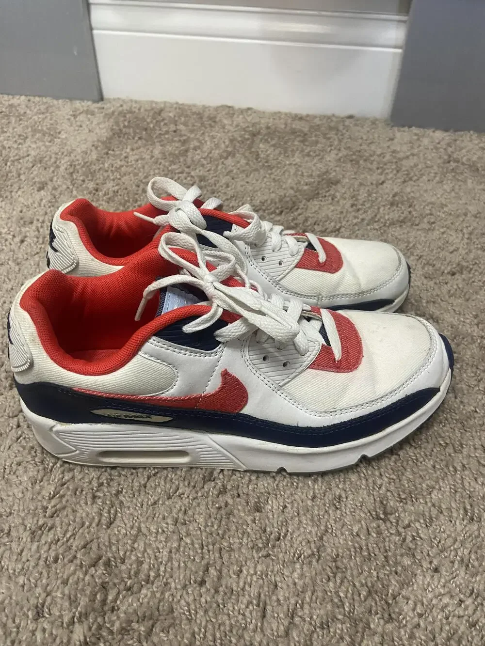 Nike Air Max 90 Shoes Youth Size 7Y White Red Navy Leather Running Sneakers